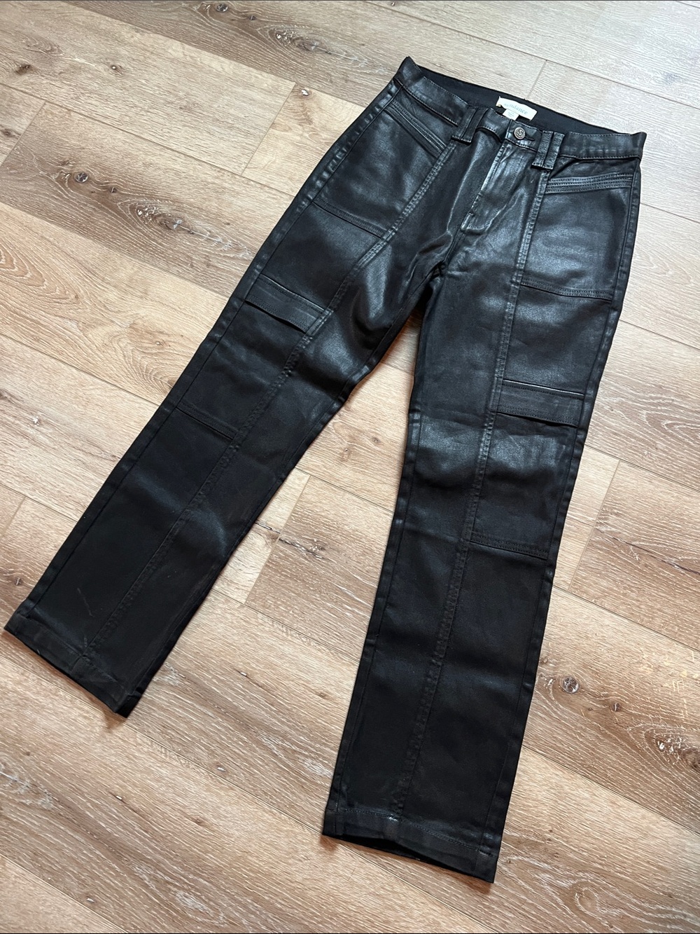 Sundance ~ Black Straight-Leg Moto Coated Cargo Brontë Jeans, Like New!